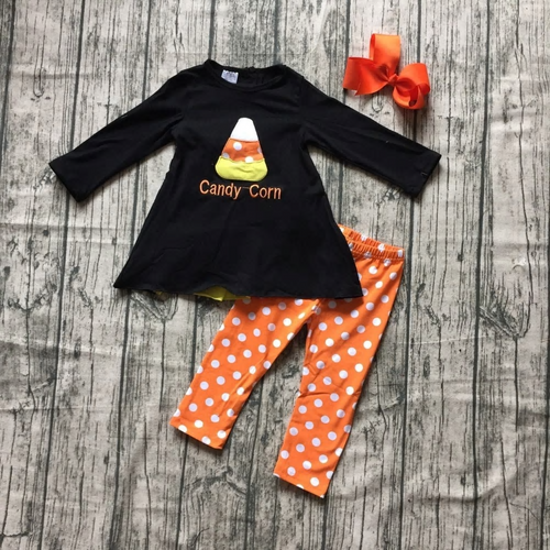 Girls Black Candy Corn Tunic, Orange Dotted Leggings & Hair Bow