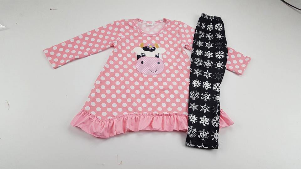 Pink and White Polka Dot Ruffled Dress with Black Snow Flake Leggings