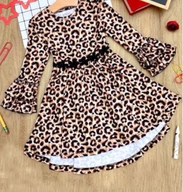 Girls Hi-lo Crochet Trim Ruffled Sleeve Leopard Dress