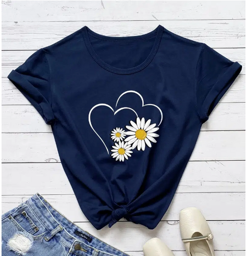 Girls Navy Round Neck Daisy Print Graphic T-Shirt