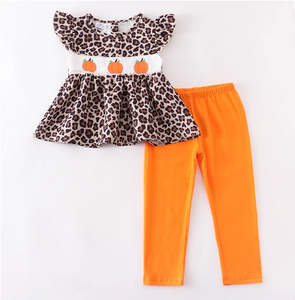 Leopard Print Flutter Sleeve Top and Matching Orange Leggings