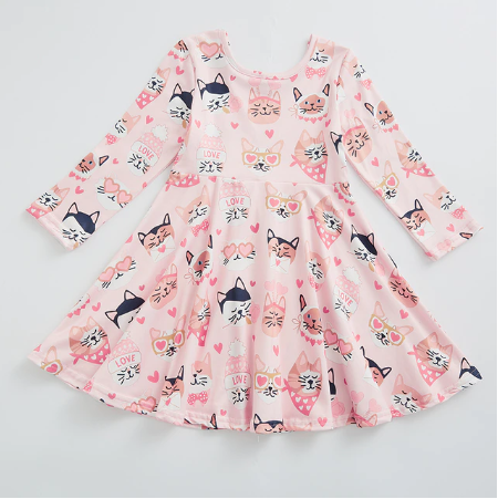 Long Sleeve Full Skirt Kitten Print Dress