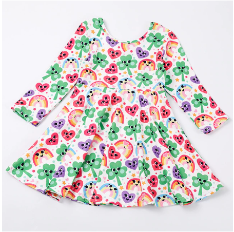 Long Sleeve Full Skirt Shamrock and Hearts Dress