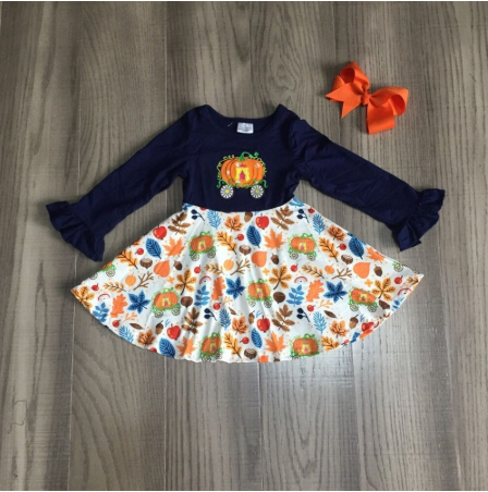 Navy Full Skirt Pumpkin Print Fall Dress