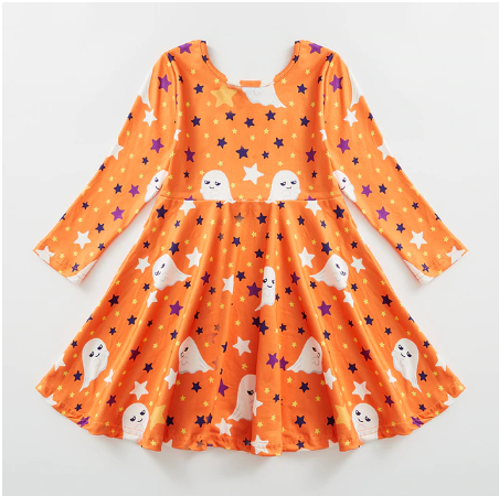 Orange Long Sleeve Full Skirt Ghost Print Dress
