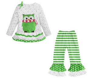 Owl Appliqued Ruffled Dress and Green Striped Icings