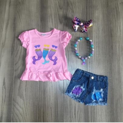 Short Sleeve Pink Mermaid Top and Matching Jean Shorts (Includes Accessories Shown)