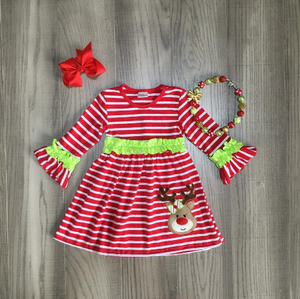 Red and White Striped Ruffled Reindeer Dress And Matching Accessories