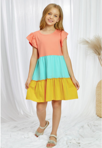 Ruffled Sleeve Color Block Dress