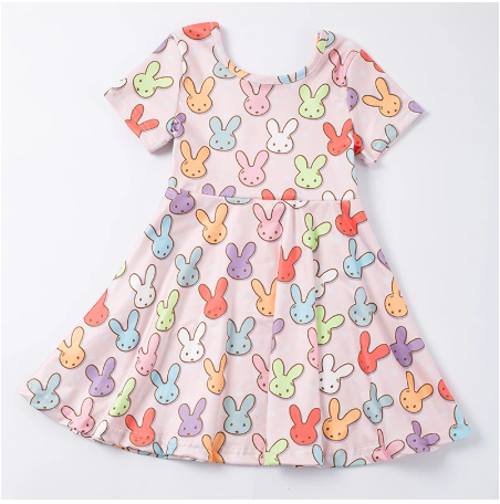 Short Sleeve Full Skirt Bunny Print Spring Dress