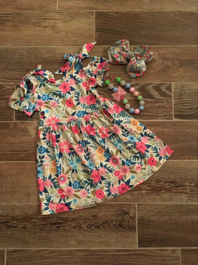 Short Sleeve Cold Shoulder Floral Spring Dress (Includes the Accessories Shown)