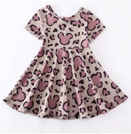 Short Sleeve Leopard Print Twirl Skirt Dress