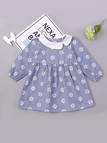 Striped Flowers Daisy Print Dress Long-sleeve