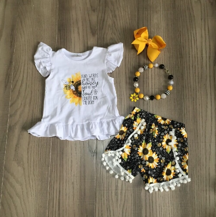 White Flutter Sleeve Sunflower Top and Matching Shorts (Accessories are Included)