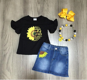 Short Sleeve Sunflower Top and Jean Skirt (Includes the Necklace and Bow)