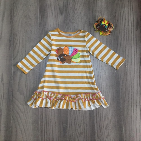 Tan and White Long Sleeve Thanksgiving Dress Includes a Bow
