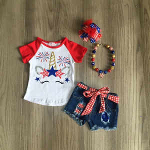 Red, White and Blue Unicorn Raglan Tee and Matching Jean Shorts & Accessories