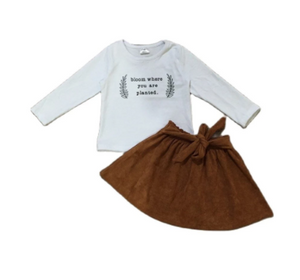 White Long Sleeve Tee and Brown Suede Skirt