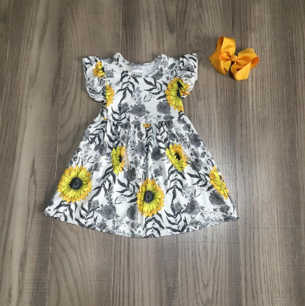 Sunflower Print Flutter Sleeve Summer Dress