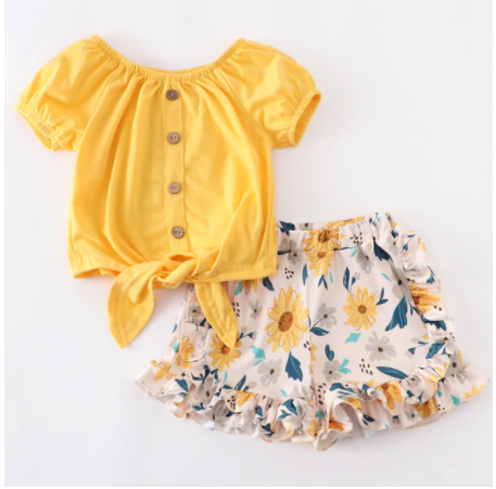 Yellow Peasant Front Tie Top and Matching Ruffled Shorts