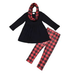 Black Top and Matching Red and Black Plaid Leggings & Scarf Set