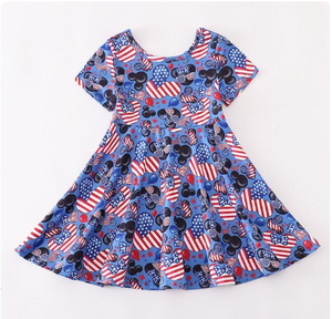 Girls Summer July 4th Short Sleeve Disney Print Dress