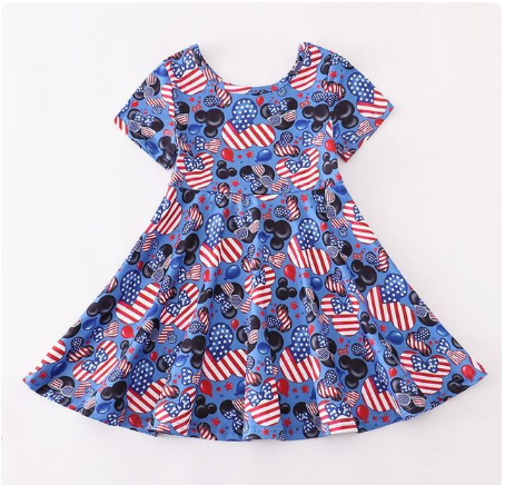 Girls Summer July 4th Short Sleeve Disney Print Dress