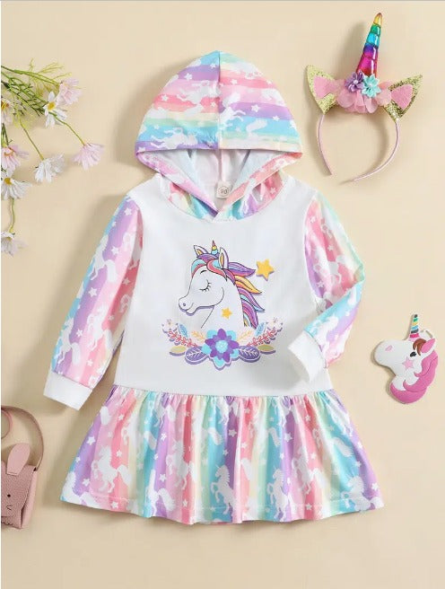 Girls Unicorn Print Hooded Dress