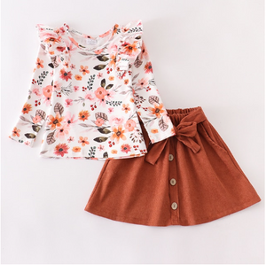 Long Sleeve Fall Print Top and Matching Skirt