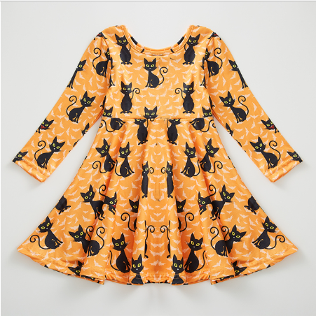 Long Sleeve Full Skirt Cat Print Dress