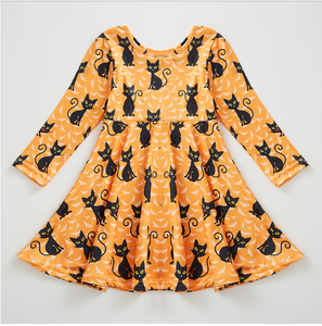 Long Sleeve Full Skirt Cat Print Dress